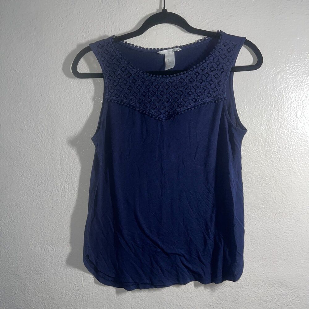 H&M Navy Blue Crochet Lace Short Sleeve Blouse Scalloped Boho Top Size Small